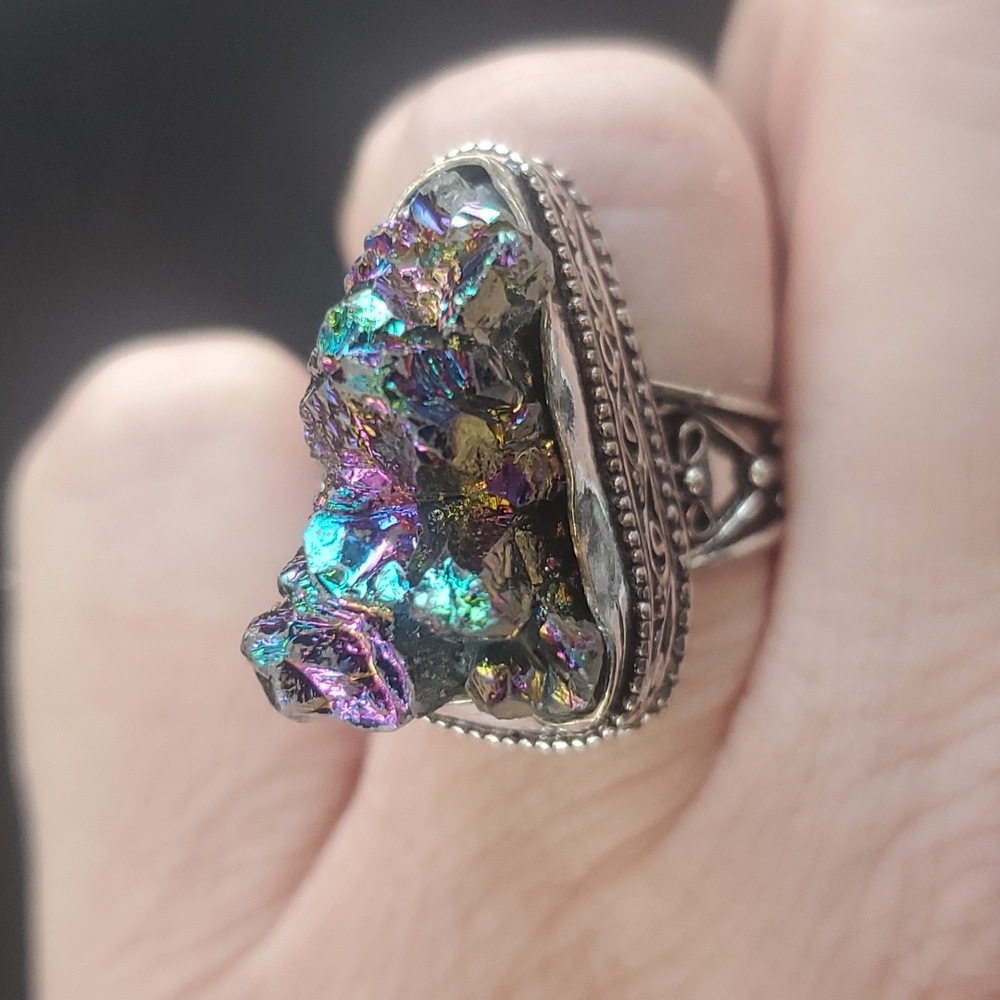 New Titanium Druzy 925 Silver Statement Ring.